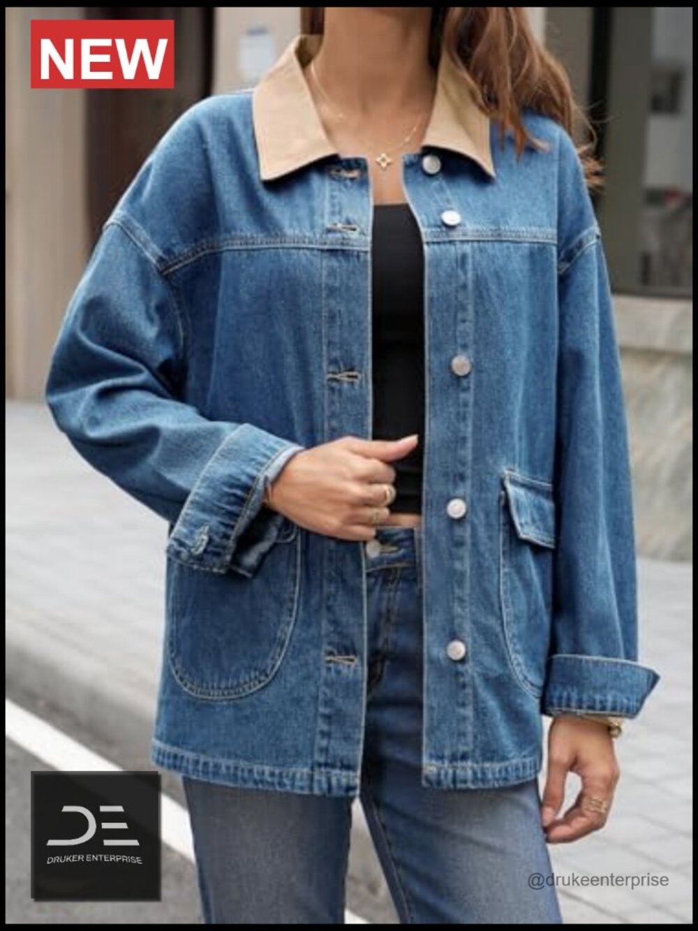 Oversized Denim Jacket with Contrast Canvas Collar - Picture 4 of 6